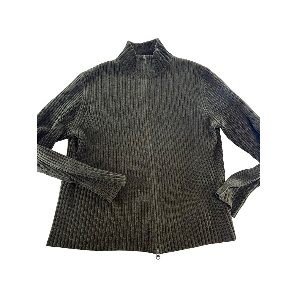 Eddie Bauer Olive Green Ribbed Full Zip Mock Neck Cardigan‎ Sweater Tall XXL